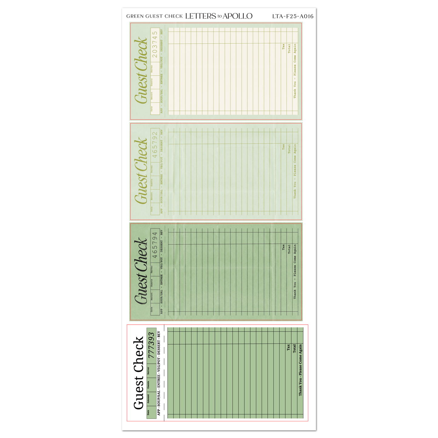 GREEN GUEST CHECKS